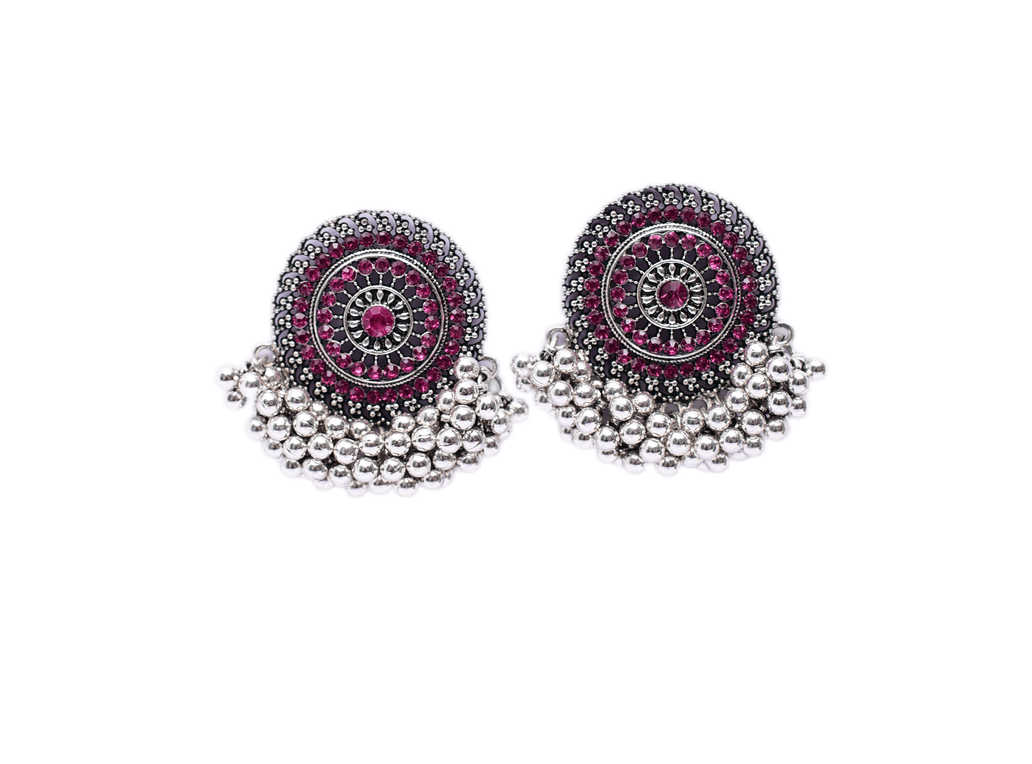 Namokriti Radiate Elegance-Oxidized Silver Sun Stud Earrings with Stunning Red Accents